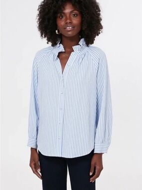 Pomander Place Blue and White Striped Ruffle Collar Button-Down Shirt